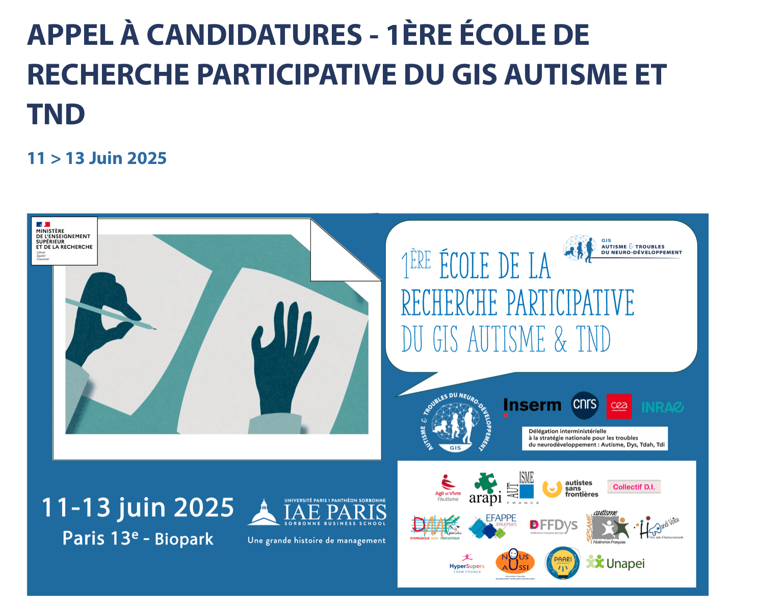 APPEL À CANDIDATURES - 1ÈRE ÉCOLE DE RECHERCHE PARTICIPATIVE DU GIS AUTISME ET TND | FDMF - Fédération Dyspraxique Mais Fantastique