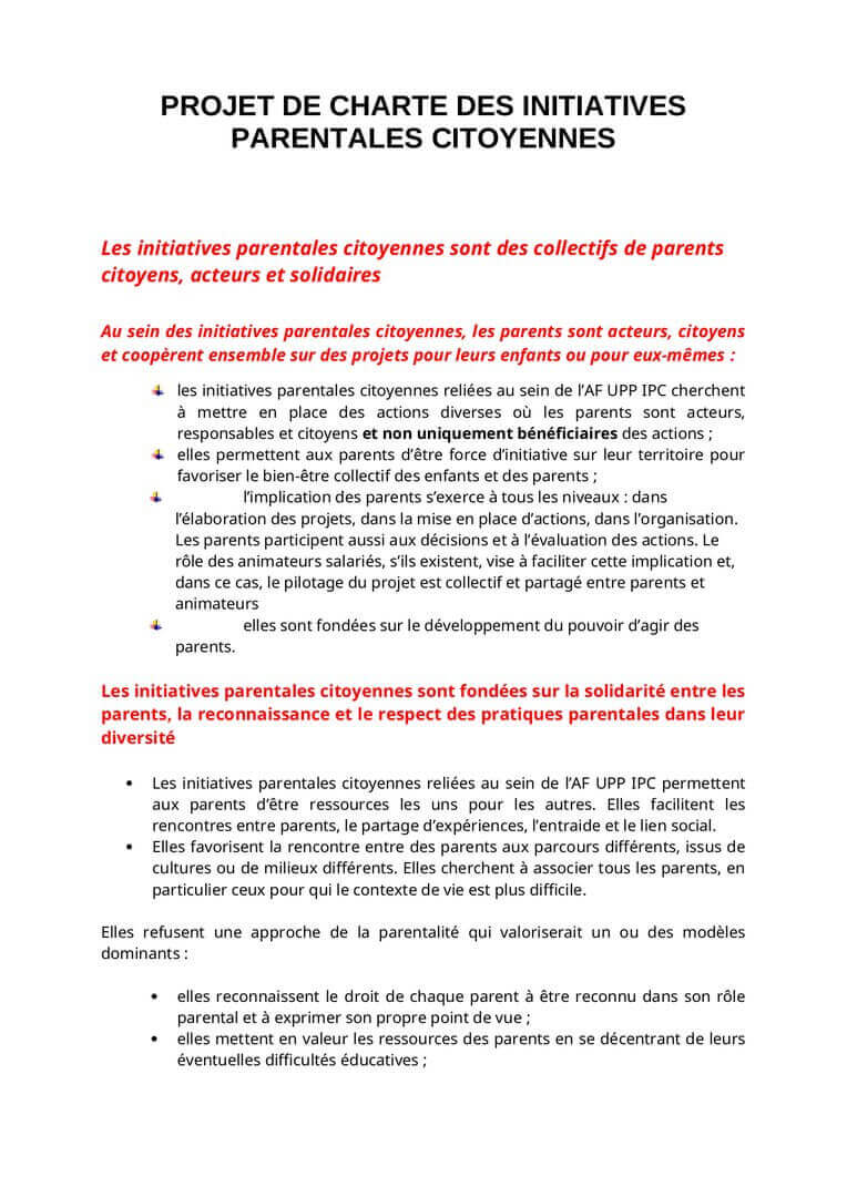 Charte des initiatives parentales AF UPP | Parents Citoyens