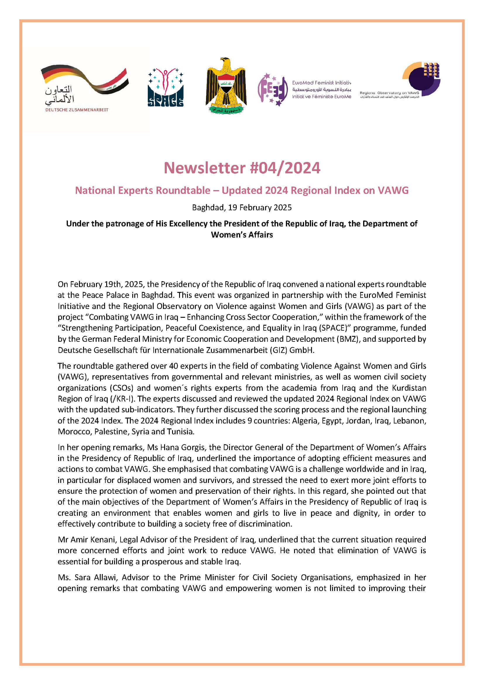Newsletter: Iraq Experts Roundtable - 2024 Regional Index on VAWG | EFI - EuroMed Feminist Initiative