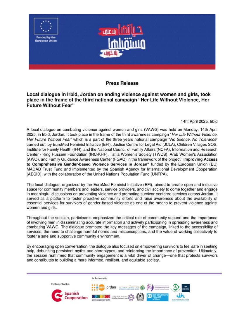 Local dialogue in Irbid, Jordan on Ending Violence Against Women and Girls | EFI - EuroMed Feminist Initiative
