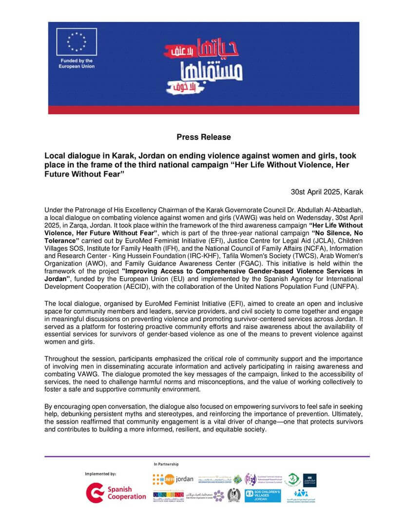 Local dialogue in Karak, Jordan on Ending Violence Against Women and Girls | EFI - EuroMed Feminist Initiative
