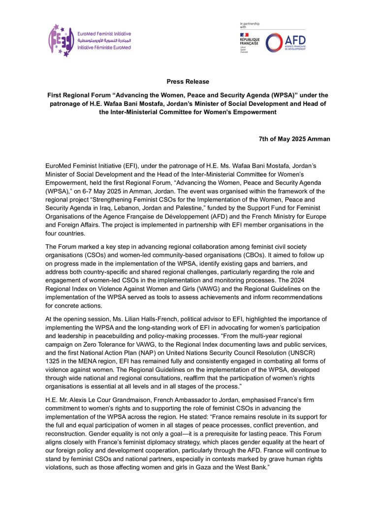First Regional Forum “Advancing the Women, Peace and Security Agenda (WPSA)" | EFI - EuroMed Feminist Initiative