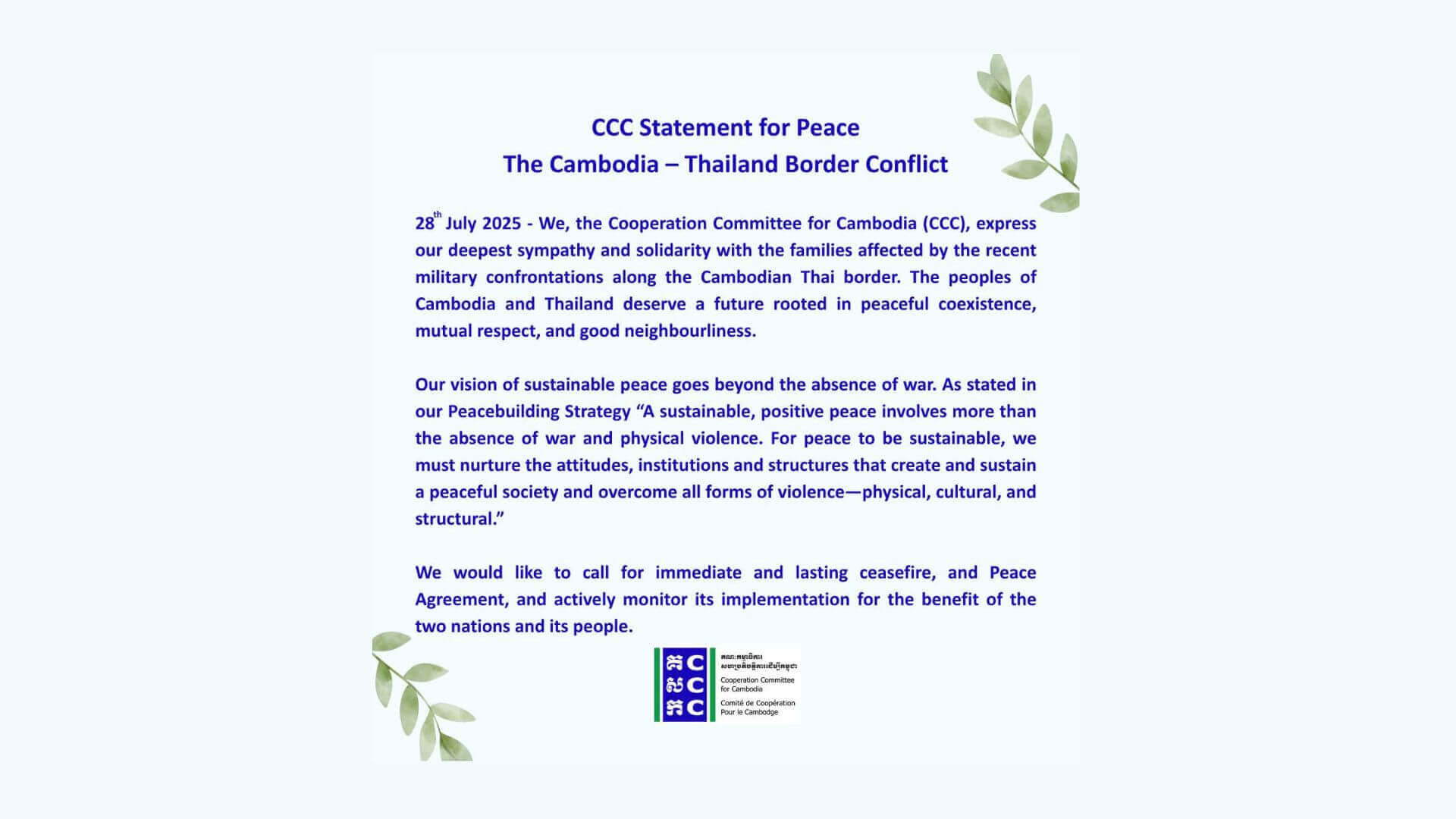 CCC Statement on  The Cambodia–Thailand Border Conflict  28th July 2025 | Forus