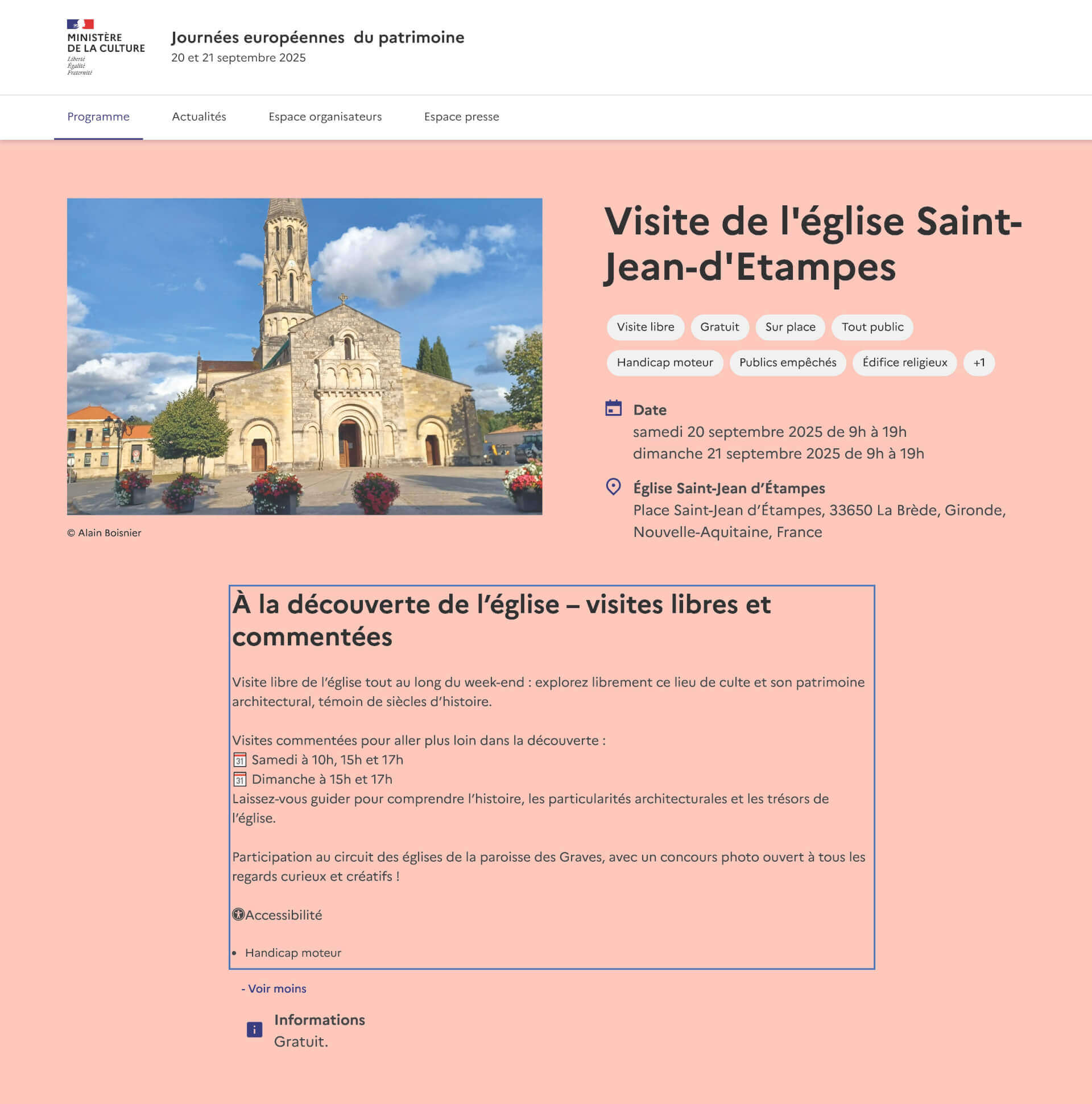 journées du patrimoine | Association des Amis de l'Eglise Saint Jean d'Etampes de La Brède