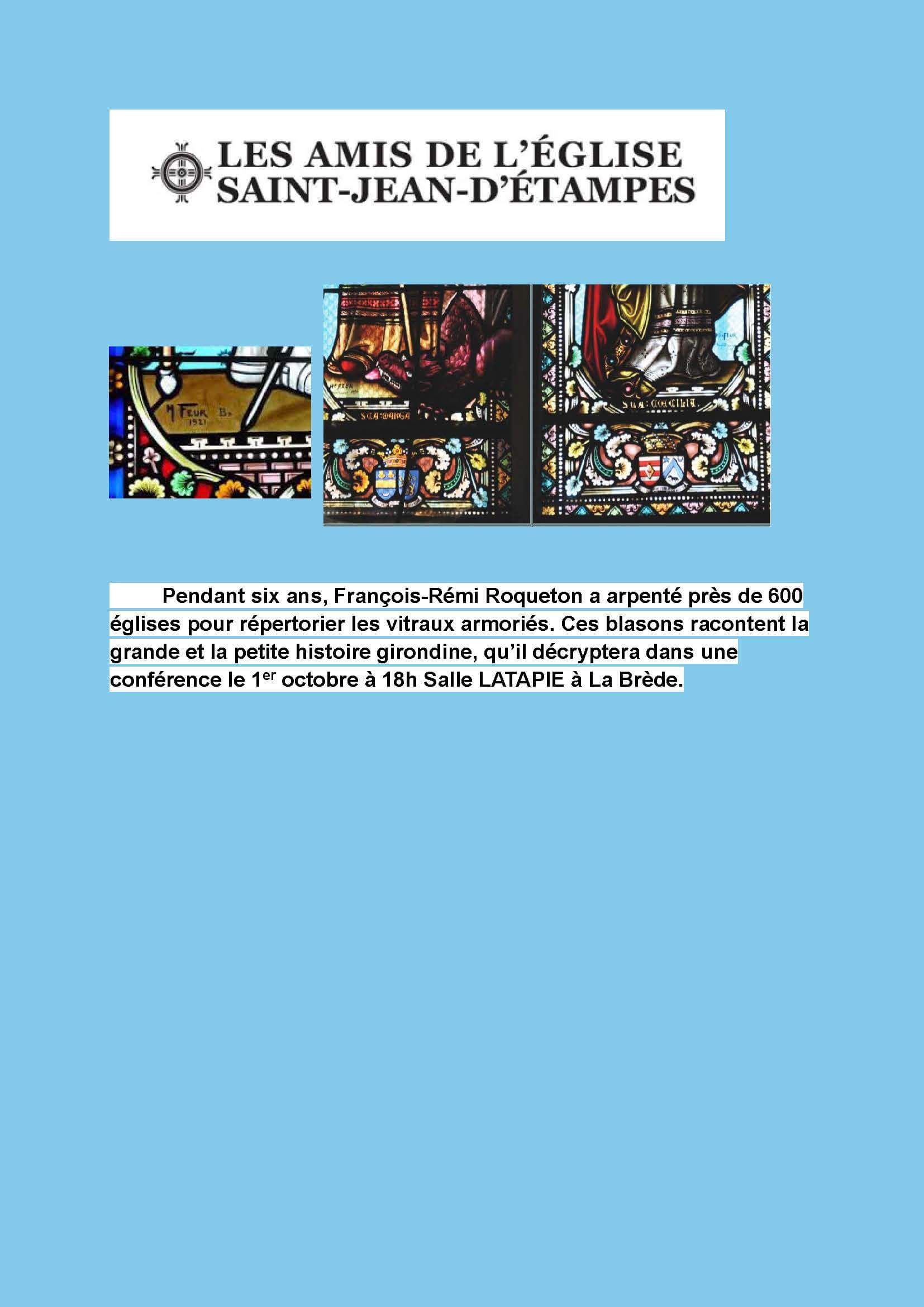conférence sur les vitraux le 1er octobre  18h | Association des Amis de l'Eglise Saint Jean d'Etampes de La Brède