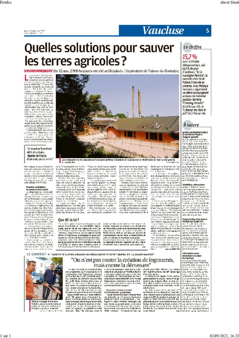 la Provence 01 09 22 artificialisation des terres en Vaucluse | AEQV