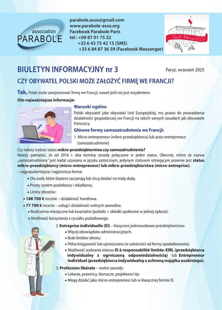 Biuletyn n°3 : "Samozatrudnienie : czy obywatel Polski może założyć firmę we Francji ?" | Parabole