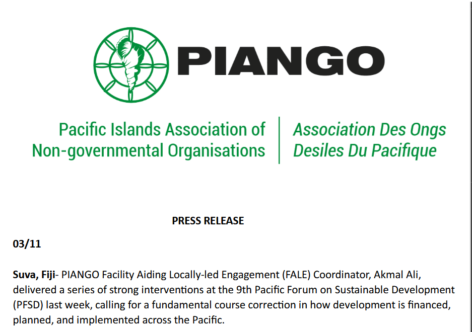 Press release - PIANGO Demands Radical Localization of SDGs and Direct Financing to Community 'Roots' | Forus