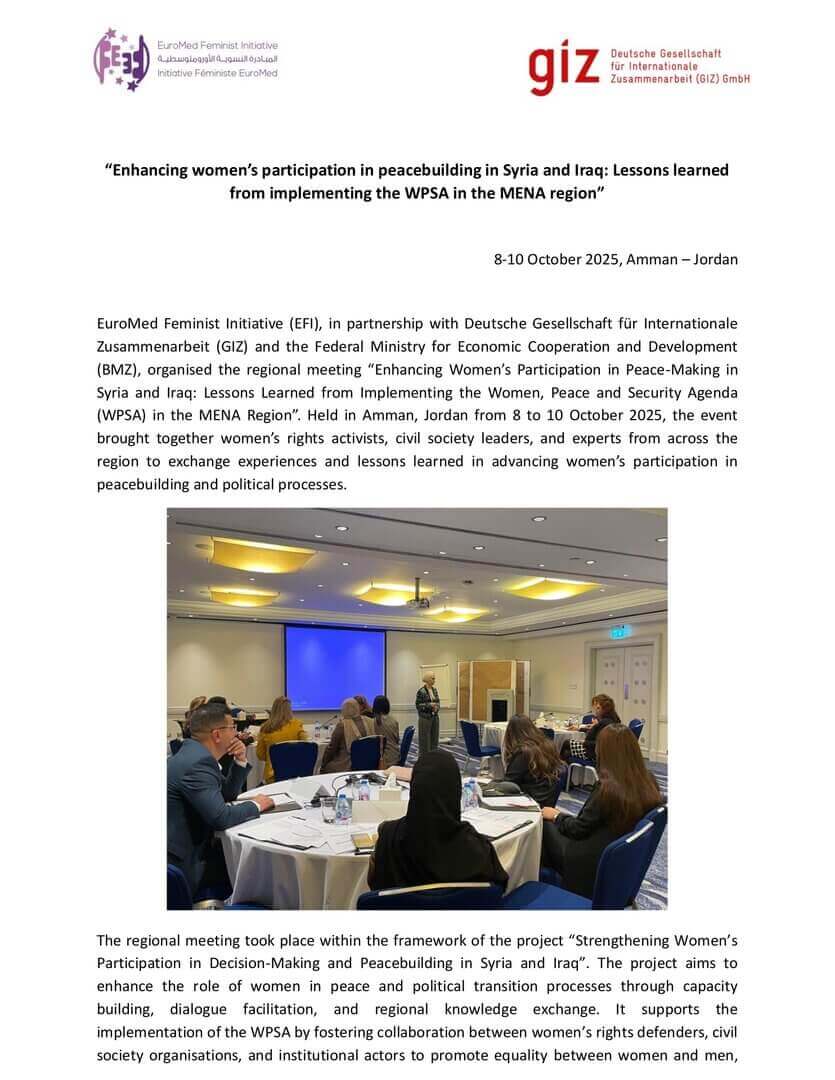 Enhancing women’s participation in peacebuilding in Syria and Iraq: Lessons learned from implementing the WPSA in the MENA region | EFI - EuroMed Feminist Initiative