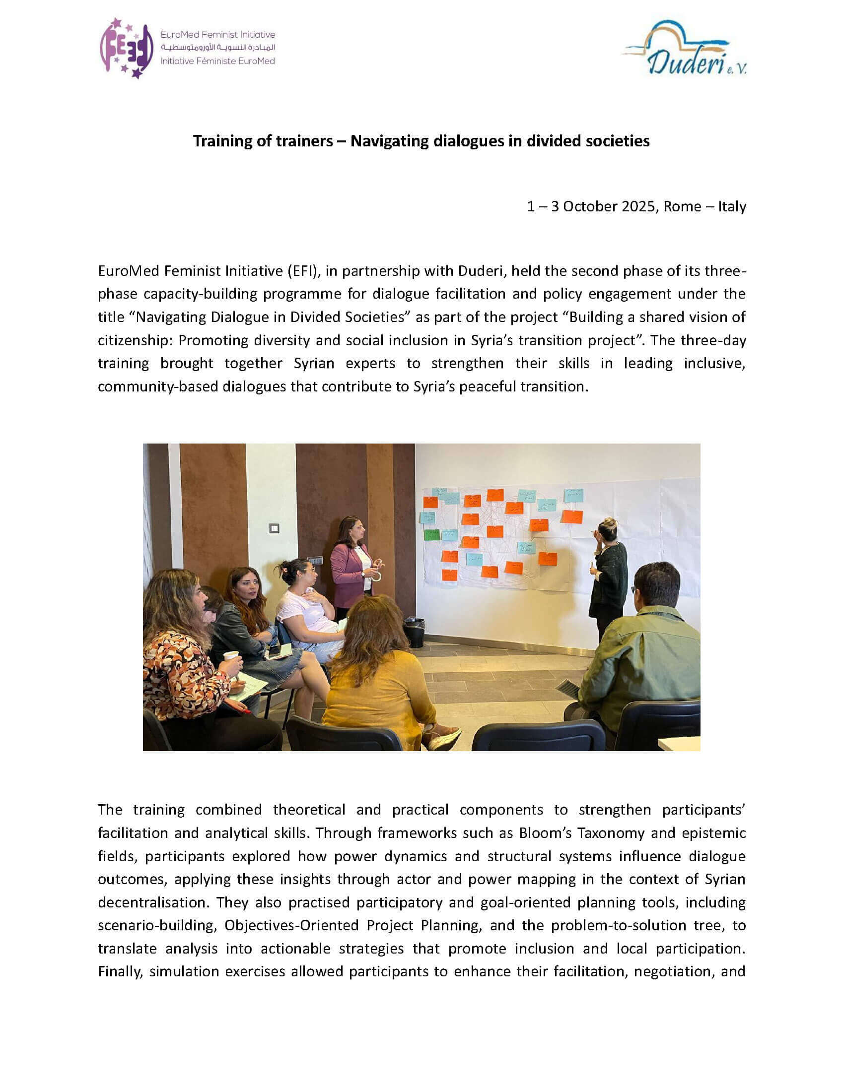 Training of trainers – Navigating dialogues in divided societies | EFI - EuroMed Feminist Initiative