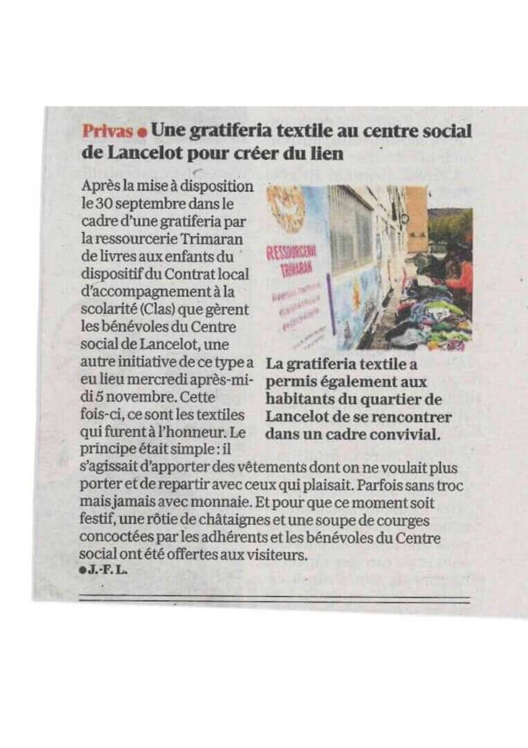 Article du Dauphiné Libéré du 12/11/2025 - Gratiféria au centre social | Couleurs des Liens