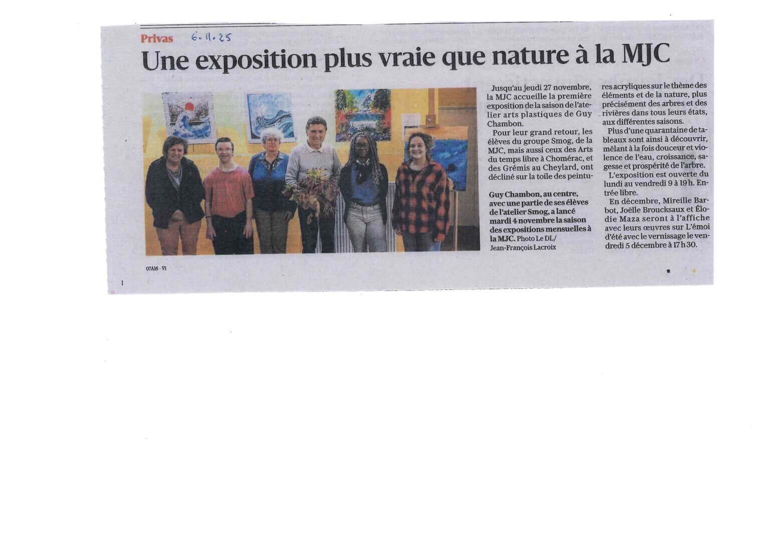 Article du Dauphiné Libéré du 06/11/2025 - Expo de novembre à la MJC | Couleurs des Liens