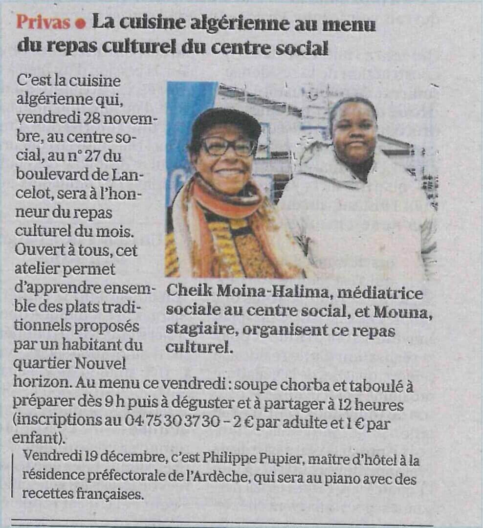 Article du Dauphiné Libéré du 27/11/2025 - Repas culturel de novembre | Couleurs des Liens