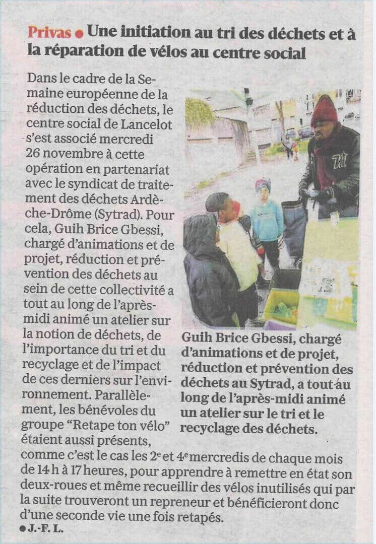 Article du Dauphiné Libéré du 29/11/2025 - Atelier "Retape ton vélo" | Couleurs des Liens