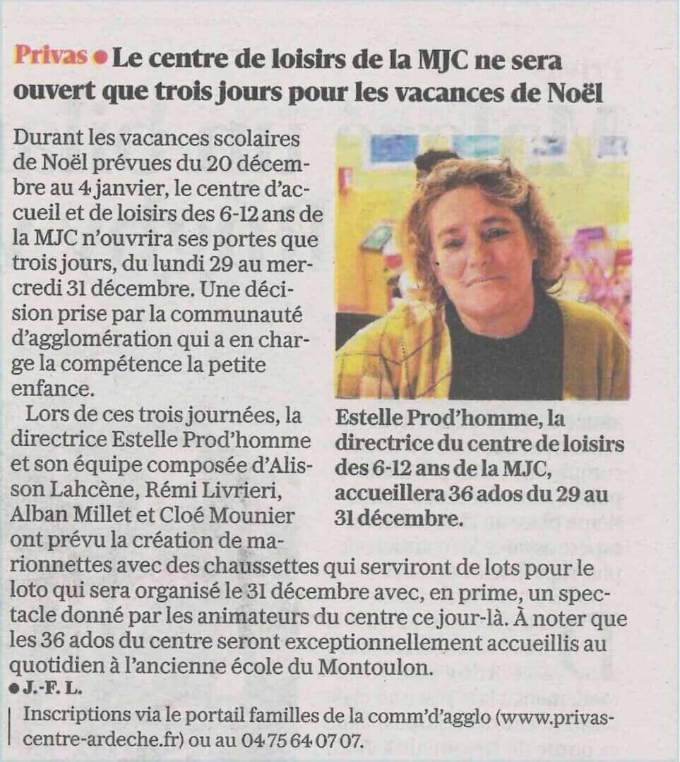 Article du Dauphiné Libéré du 01/12/2025 - Accueil de loisirs 6-12 ans vacances de fin d'année | Couleurs des Liens