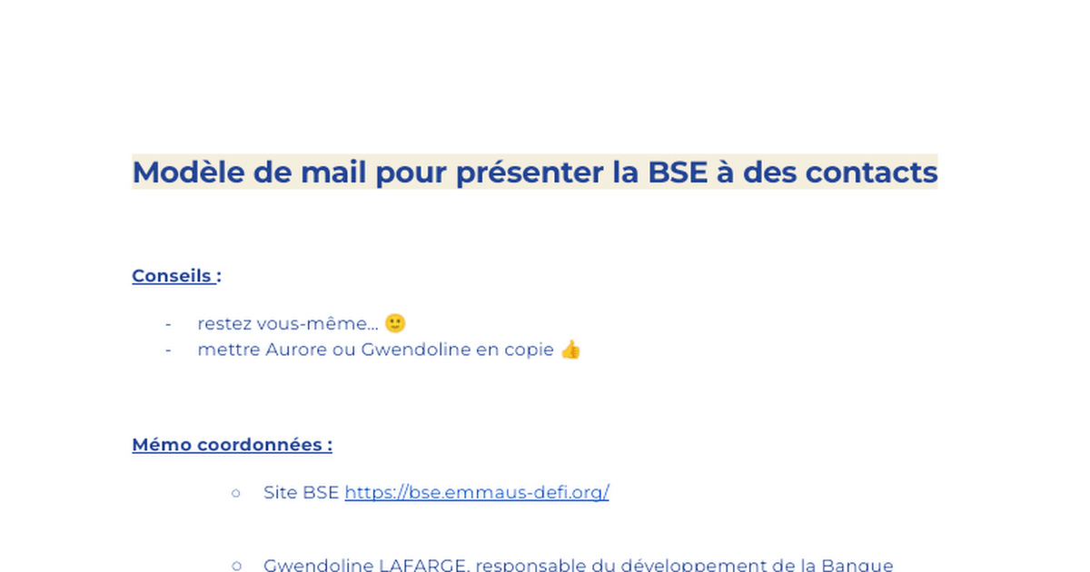 Modèle de mail pour parler de la BSE | Emmaüs Défi