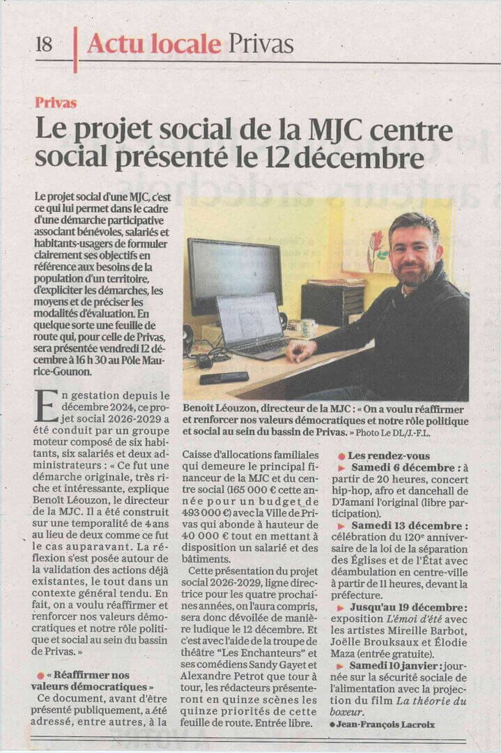 Article du Dauphiné Libéré du 06/12/2025 - Projet Social | Couleurs des Liens