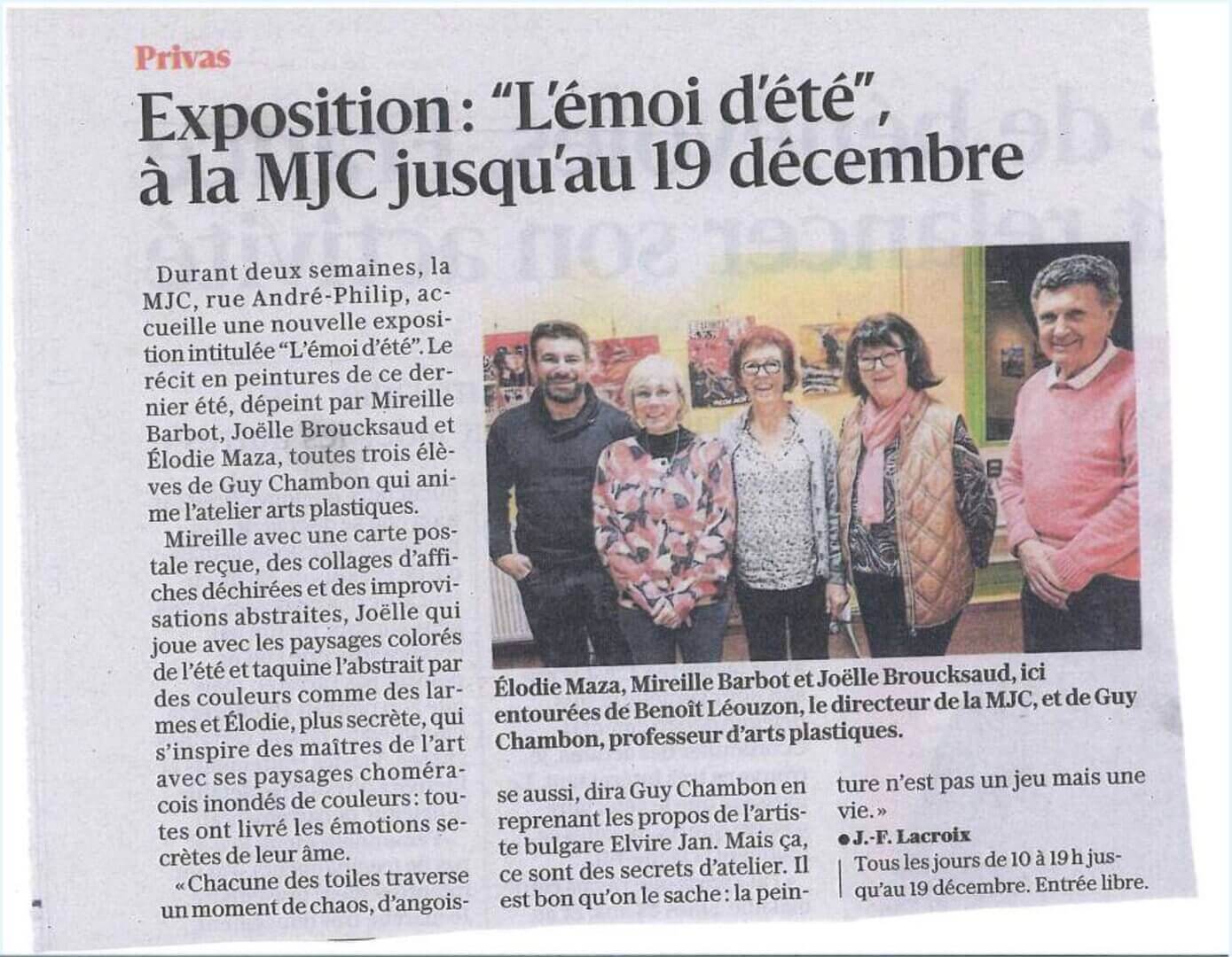 Article du Dauphiné Libéré du 10/12/2025 - Expo de décembre à la MJC | Couleurs des Liens