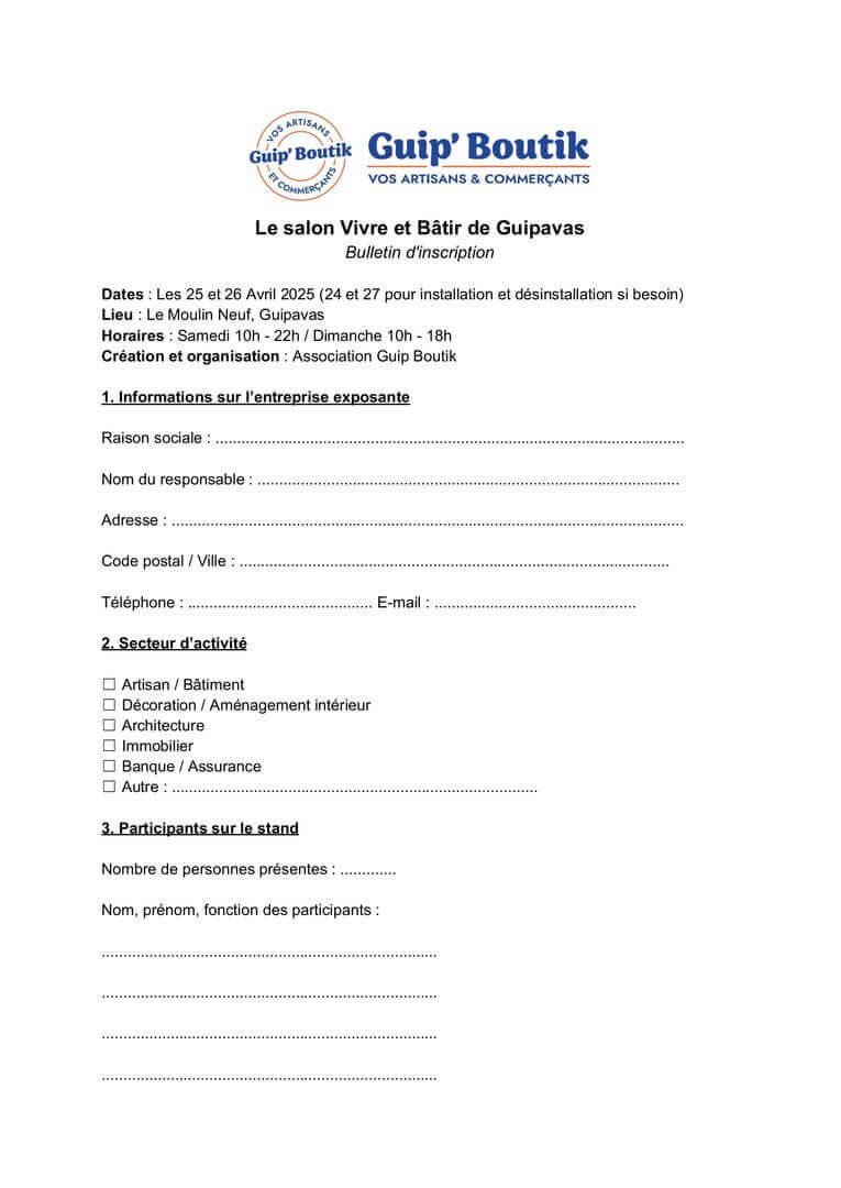 Bulletin d’inscription salon de l'habitat Guipavas_08062026 | Guip Boutik