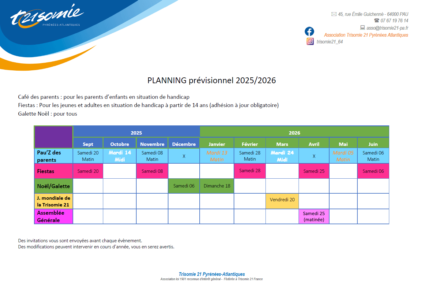 Planning des activités avec l'Association ! | Trisomie 21 Nouvelle Aquitaine