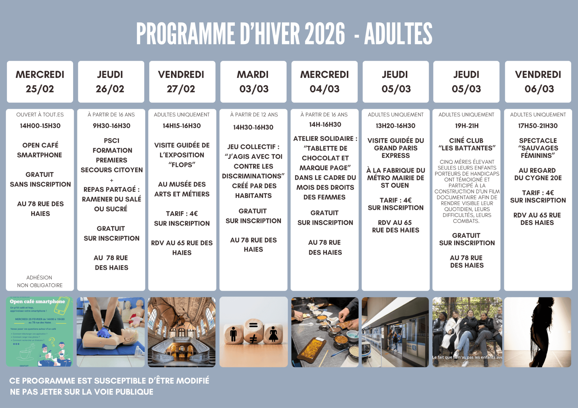 Programme des vacances d'hiver : adultes | Etincelles