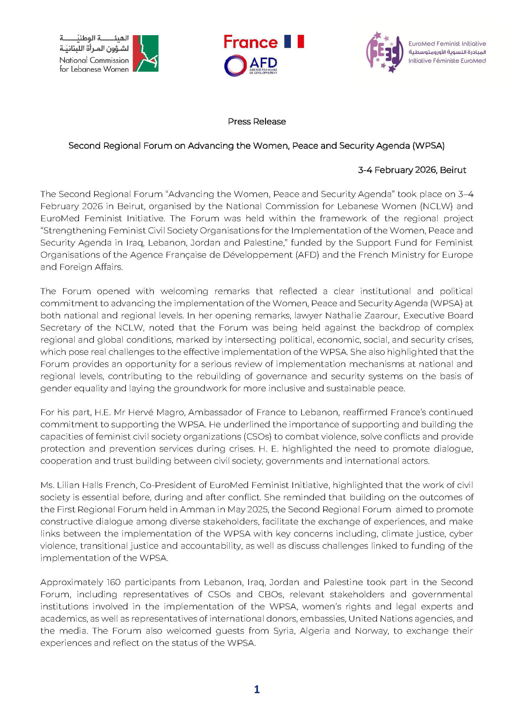 Second Regional Forum on Advancing the Women, Peace and Security Agenda (WPSA) | EFI - EuroMed Feminist Initiative