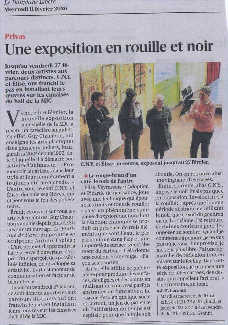 Article du Dauphiné Libéré du 11/02/2026 - Expo de février à la MJC | Couleurs des Liens