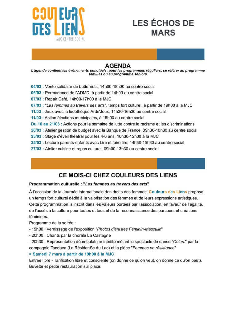 Newsletter mensuelle - Les échos de mars | Couleurs des Liens