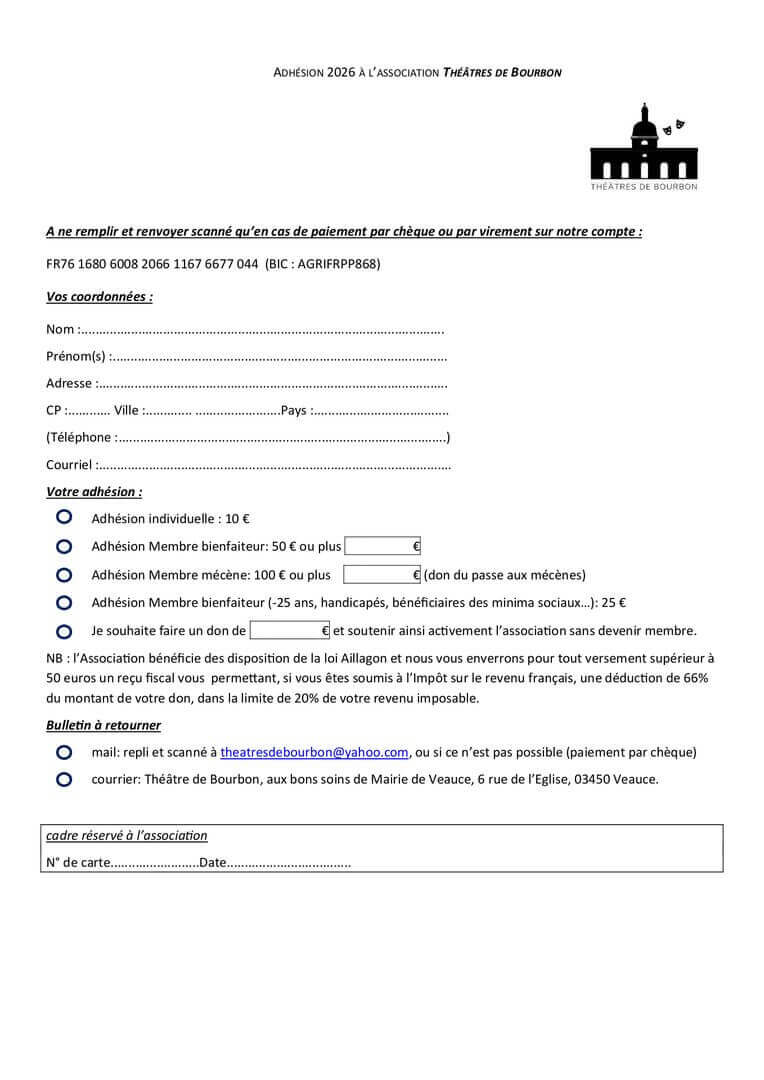 formulaire d'adhésion 2026 | Théâtres de Bourbon