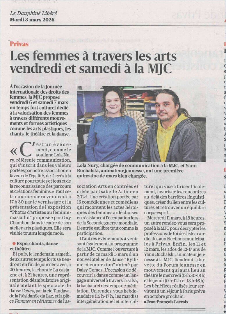 Article du Dauphiné Libéré du 03/03/2026 - Les Femmes à travers les arts, le 07/03 | Couleurs des Liens