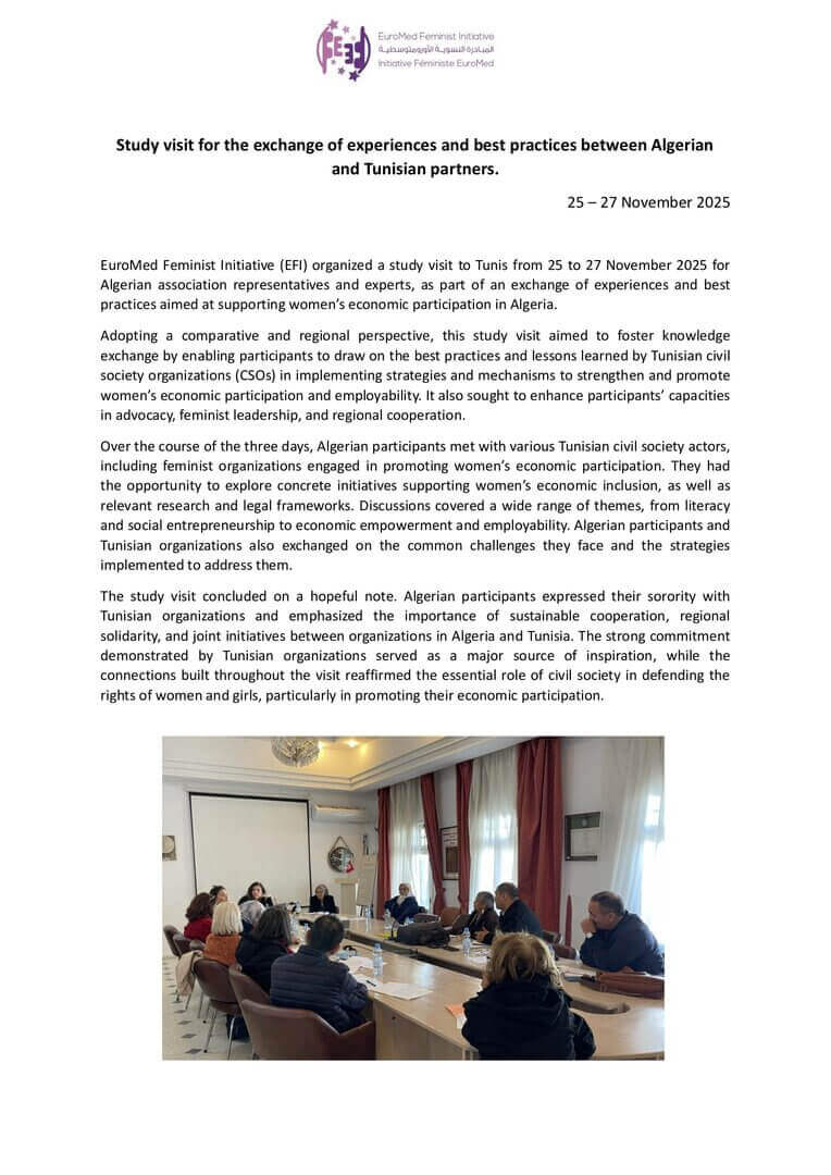Study visit for the exchange of experiences and best practices between Algerian and Tunisian partners. | EFI - EuroMed Feminist Initiative