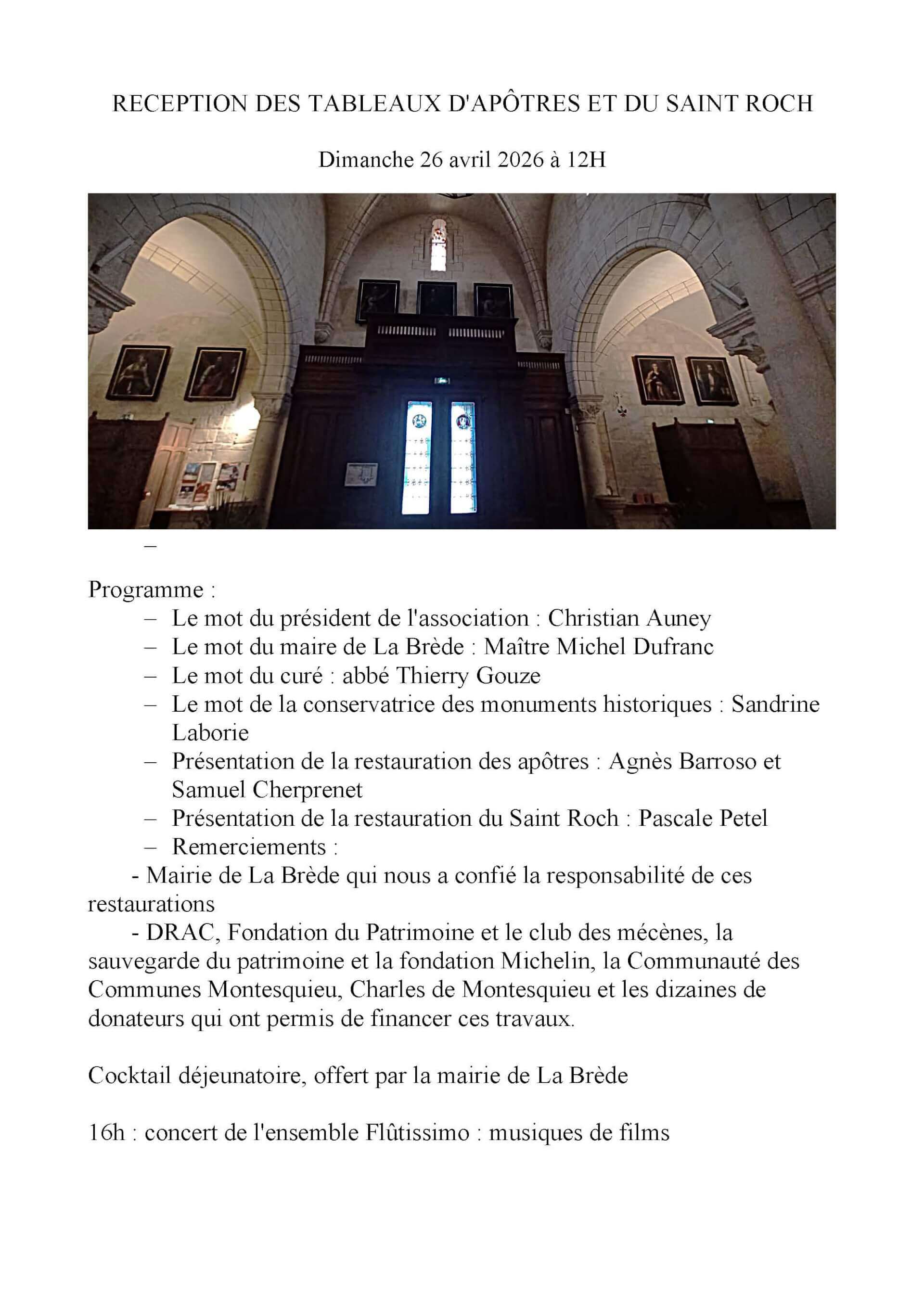 Réception des tableaux | Association des Amis de l'Eglise Saint Jean d'Etampes de La Brède
